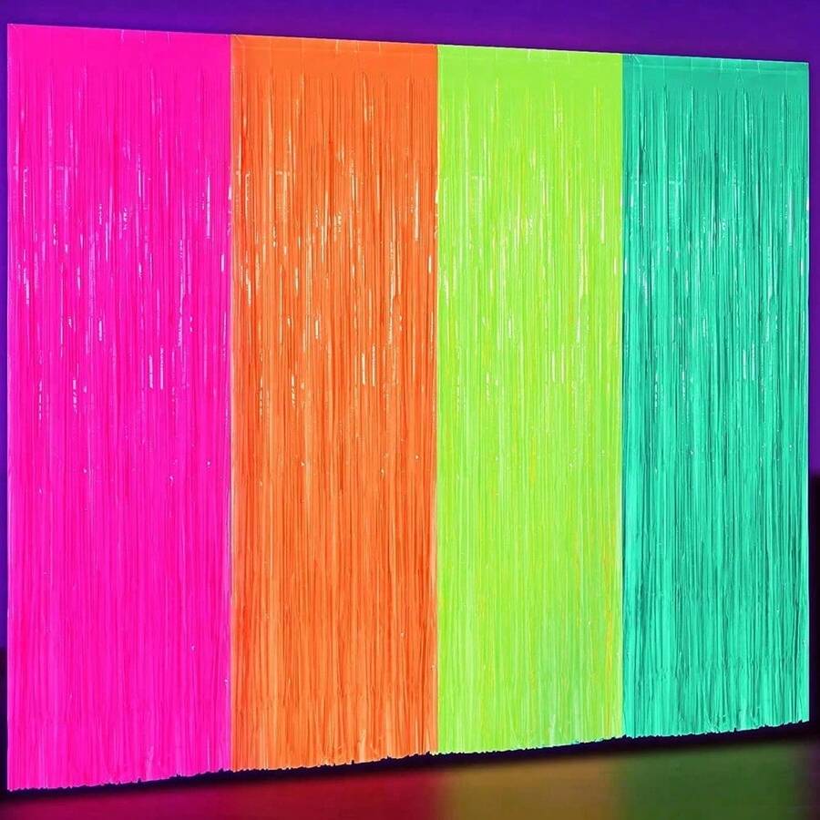 1pc4pcs Foil Fringe Curtain (3.3x6.6 Ft) - Luminous Sequin Backdrop, Fluorescent Macaron Orange, Green, Yellow And Magenta Metallic Wire Fringe Curtain, Suitable For Photography Props, Birthday Party, Neon Party Decoration, Bachelorette Party, Rave Party, New Year's Party, Halloween, Disco, Graduation Prom, Gender Reveal Party, Nightclub Party - Multicolor - View 1