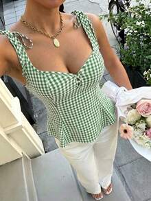 abyoxi Women's Green & White Plaid Bow Decor Camisole Square Neck Fitted Waist A-Line Ruffle Hem Top, Casual Sweet Vintage Style, Suitable For Dating, Daily Outings, Vacation, Work, Commuting, Stretchy Body-Hugging Spring & Summer Tank Top - Army Green - View 10