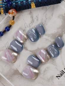 10pcs Press On Nails White Golden French Style Blue Cat Eyes Nails Press On Nail Supplies Press On Short Nails Fake Nails Office Daily Wear False Nails Artificial Nails Kit Includes 1 Sheet Adhesive Tabs &1 Pc Mini File Handmade Press On Nails - Multicolor - View 3