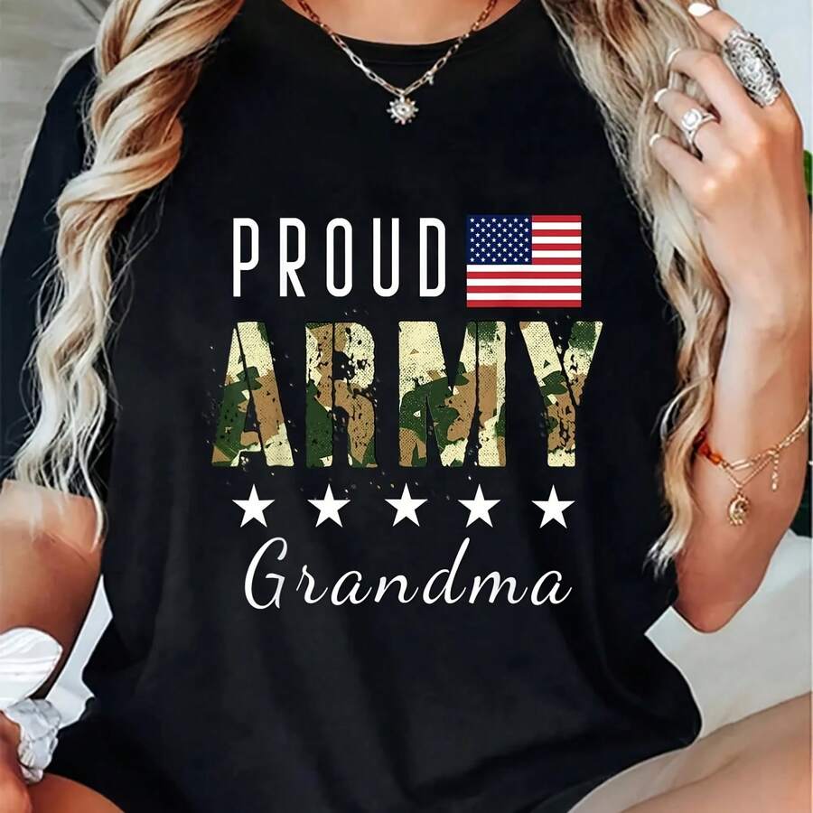 Cotton Proud Military Camouflage Proud And Grandma Mother's Gift T-Shirt - Lightweight & Breathable Spring & Summer Wear - Casual Short Sve Cotton T-Shirt For Ste And Comfort - 黑色 - 查看 1