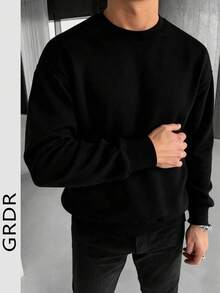 GRDR Men's Solid Color Long Sleeve Casual Loose Fit Crew Neck Sweatshirt - Black - View 3