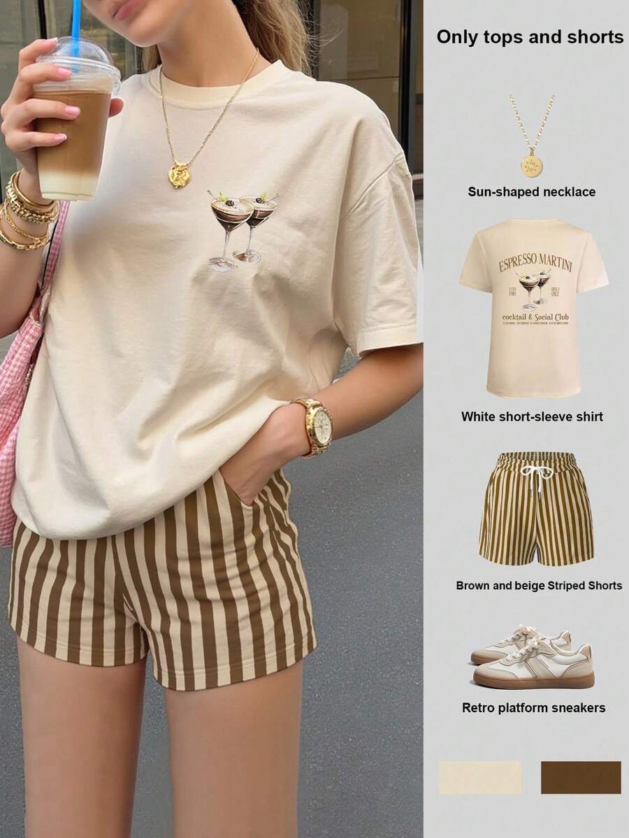 Conjunto de dos piezas de verano para mujer, shorts a rayas blancas y marrones, camiseta holgada para mujer, conjunto básico talla grande vendido, patrón de fiesta de cócteles - Multicolor 11 - Ver 1