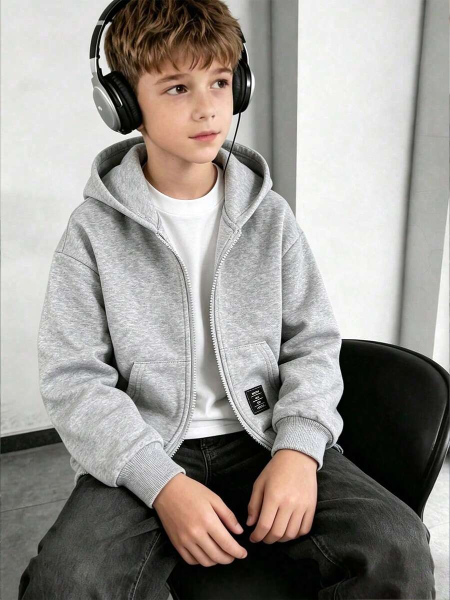 Sudadera con capucha con cremallera y gráfico de letras de unicolor, forro cálido para niño preadolescente - Gris - Ver 1