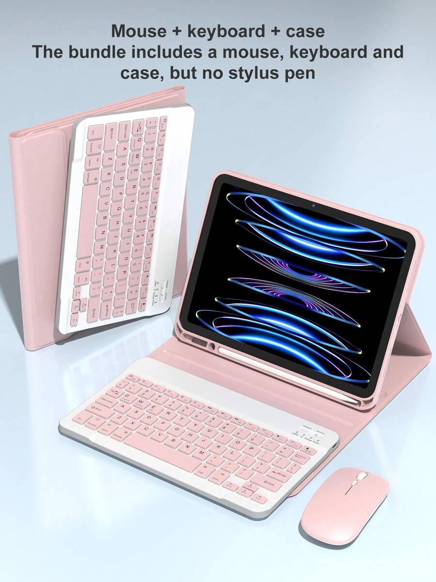 平板電腦鍵盤保護殼，相容 iPad + 滑鼠，PU 皮革材質，適用 (A16) 11 吋 11 代 2025、10 代 2022，相容 iPad 7 代/8 代/9 代、Air 4/5/6/7/8、iPad Pro 11，含便攜式無線鍵盤 (150mAh)，附筆槽，支持 3 段角度調節，粉紅色