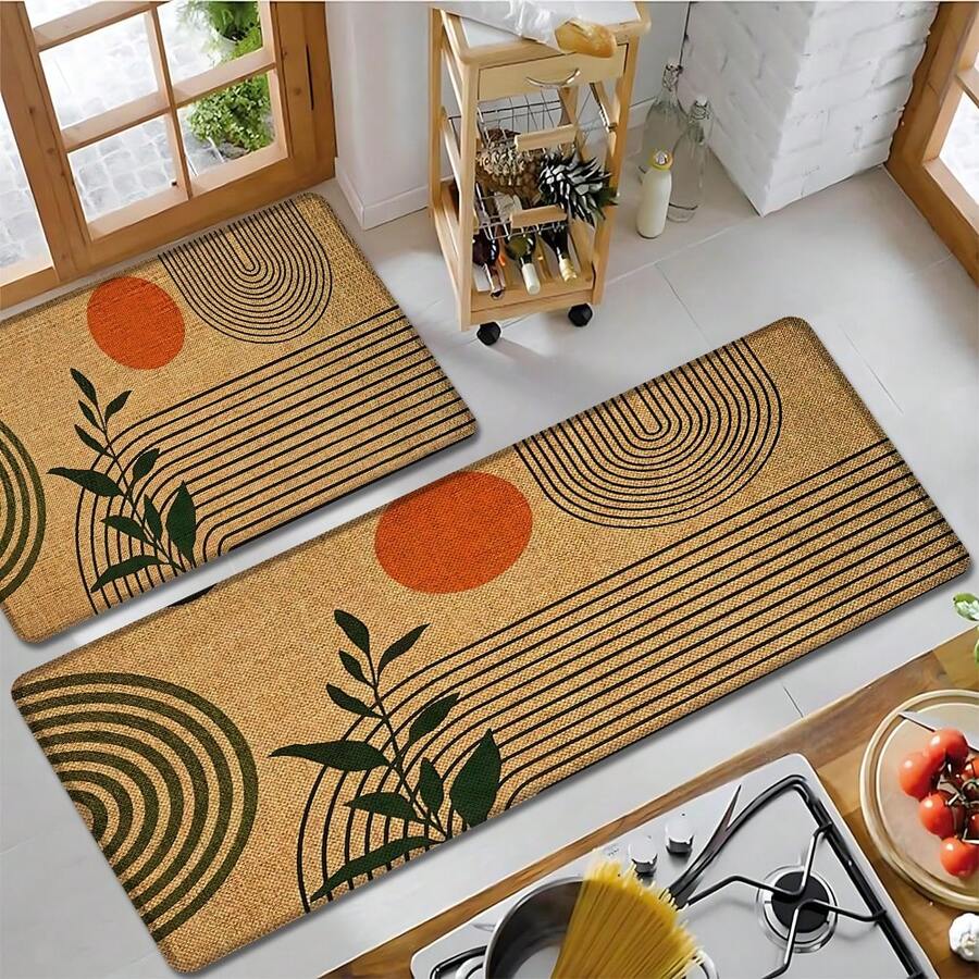 1 pieza, Decoración del hogar, Estilo bohemio con estampado de patrón geométrico de plantas, Alfombra de cocina de lino, Tapete de cocina, Tapete de piso, Tapete de baño, Tapete de puerta, Impresión 3D rectangular, Adecuado para sala de estar, dormitorio, pasillo, baño, lavandería - Alfombra de poliéster, Adecuado para decoración del hogar interior y exterior - Multicolor - Ver 1
