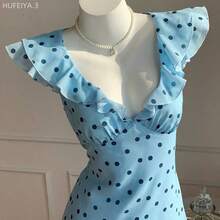 Yunuo Menswear  2026 Nuevo vestido mini de mujer con estampado de lunares y volantes en el bajo, vestido de verano color amarillo pálido, vestido de fiesta, vestido de Pascua, - Café integral - Ver 5