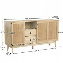 Aparador con 3 puertas correderas de ratán auténtico y 2 cajones, 155 x 38 x 80 cm, transpirable, estable y versátil. - Color natural - Ver 5