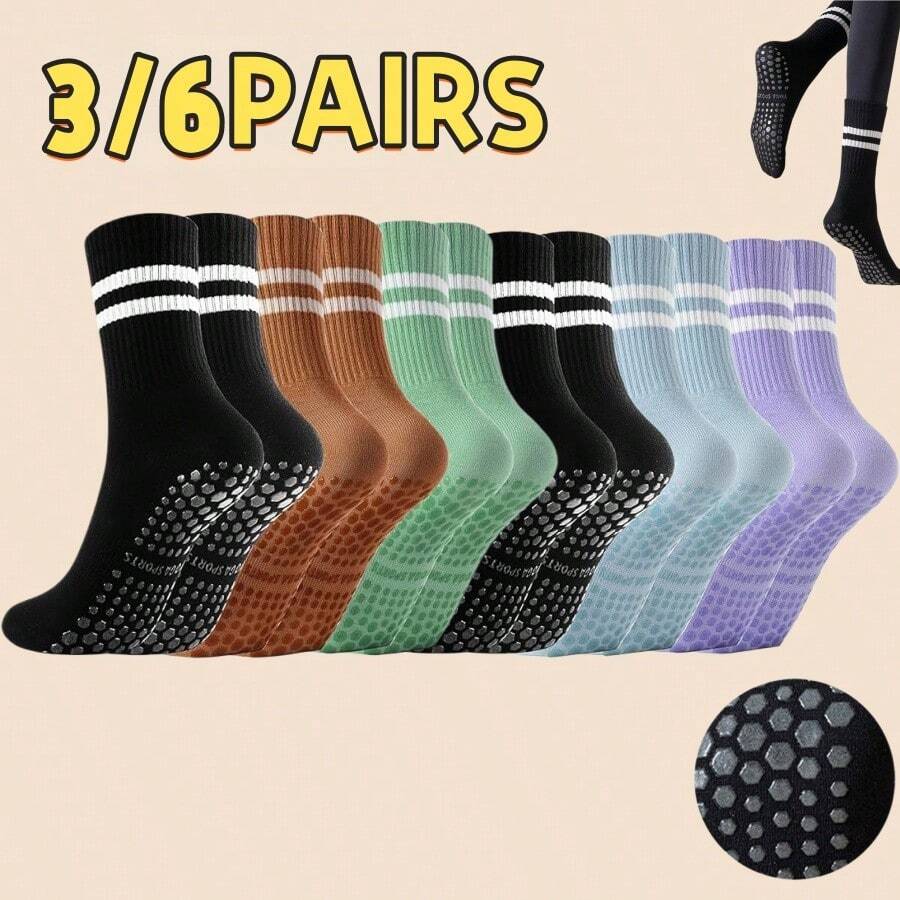 3/6 Pairs Women's Pilates Socks, Professional Non-Slip Grip Design, Suitable For Yoga, Pilates, Ballet, Dance, Hospital Exercise - Multicolor - View 1