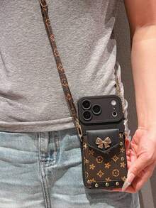 1pc New Bowknot English Card Holder Crossbody Bag Strap, Compatible With IPhone18/18pro/18promax/17 17promax 17 Pro Phone Case, 16 Pro Max, New 15 Pro/14/13/12 Cartoon Phone Case, Compatible With IPhone14 Pro Max/15/12/11/1 Pro Max/16 Pro, Anti-Drop 17 Pro Max Protective Case, Fashion New Card Holder Phone Case - Dark Brown - View 5