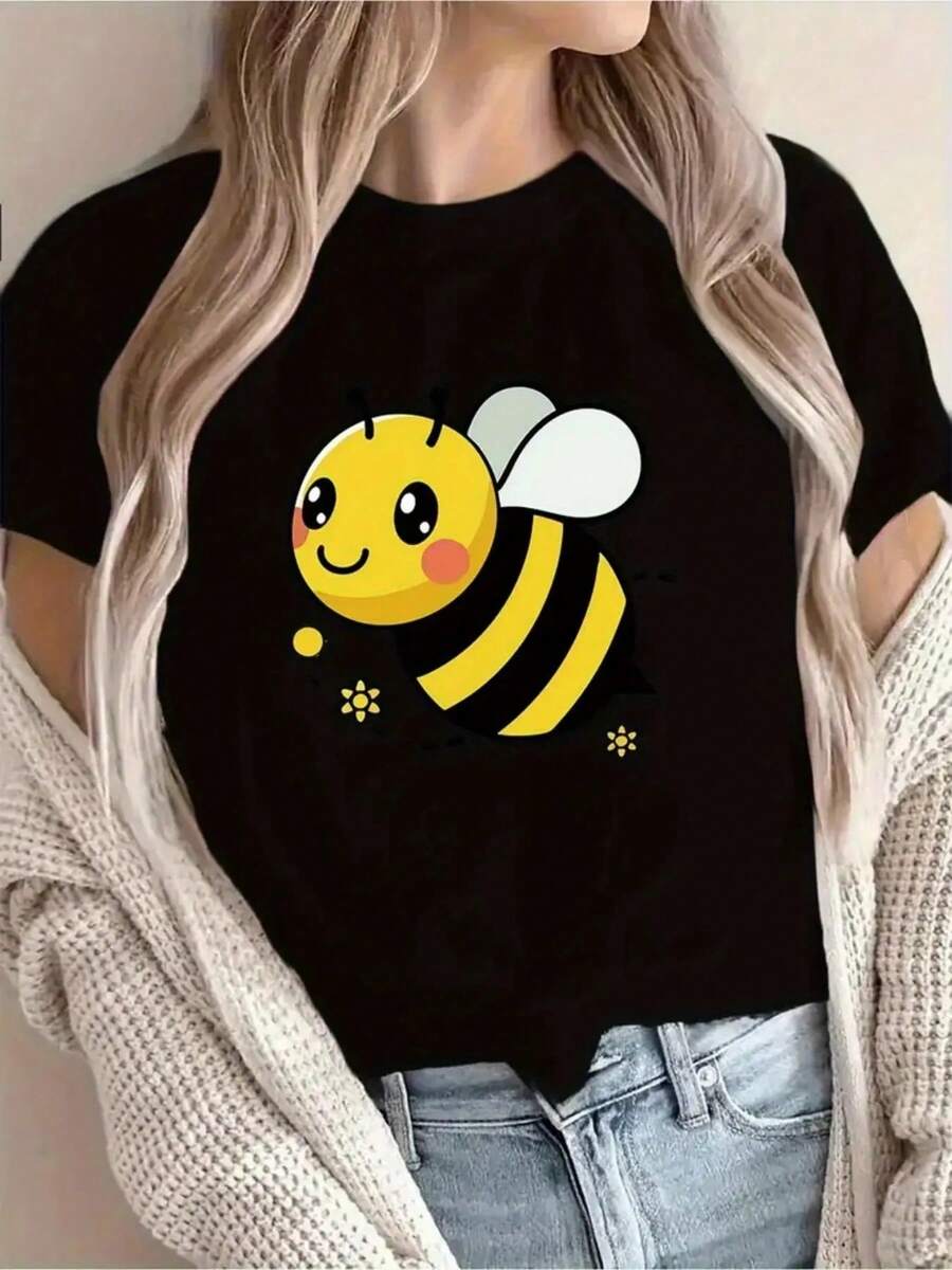 beja] Adorable Camiseta Casual de Mujer con Gráfico de Abeja, Cuello Redondo y Manga Corta Transpirable para Primavera-Verano, Perfecta para Atuendos Informales, Fiestas y el Uso Diario WPNY - Negro - Ver 1