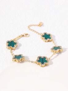 Single Five-Leaf Clover Multicolor Rhinestone Inlaid Fashionable Elegant Premium Women's Bracelet (No Packaging Box) - Green Stripes - View 4