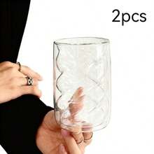 1 Double-Layer Insulated Glass Water Cup, American Coffee Cup, Creative Transparent Dirty Cup, Household Tea Cup, Latte Cup, Double-Layer Glass Mug, Wavy Insulated Glass Cup, Suitable For Cold And Hot Drinks, Clear High Footed Ice Drink Cup - Clear - View 9