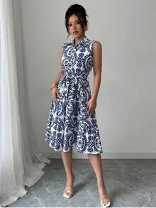 Women's Elegant Sleeveless Printed Maxi Dress with Belt, Fashion Waist Tie Party Gown, Summer New Arrival Formal Evening Dress - Azul lavado medio - Ver 4