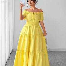 xuehuamaoyi02  Vestido corto de manga corta con hombros descubiertos y cintura elástica con empalme, elegante y de talla grande para primavera/verano - Amarillo - Ver 4