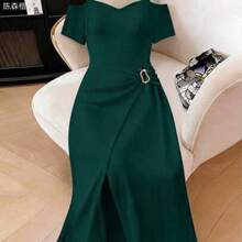 jianchaimaoyi02  Vestido envolvente de unicolor elegante y holgado para tallas grandes, para el verano - Verde Oscuro - Ver 1