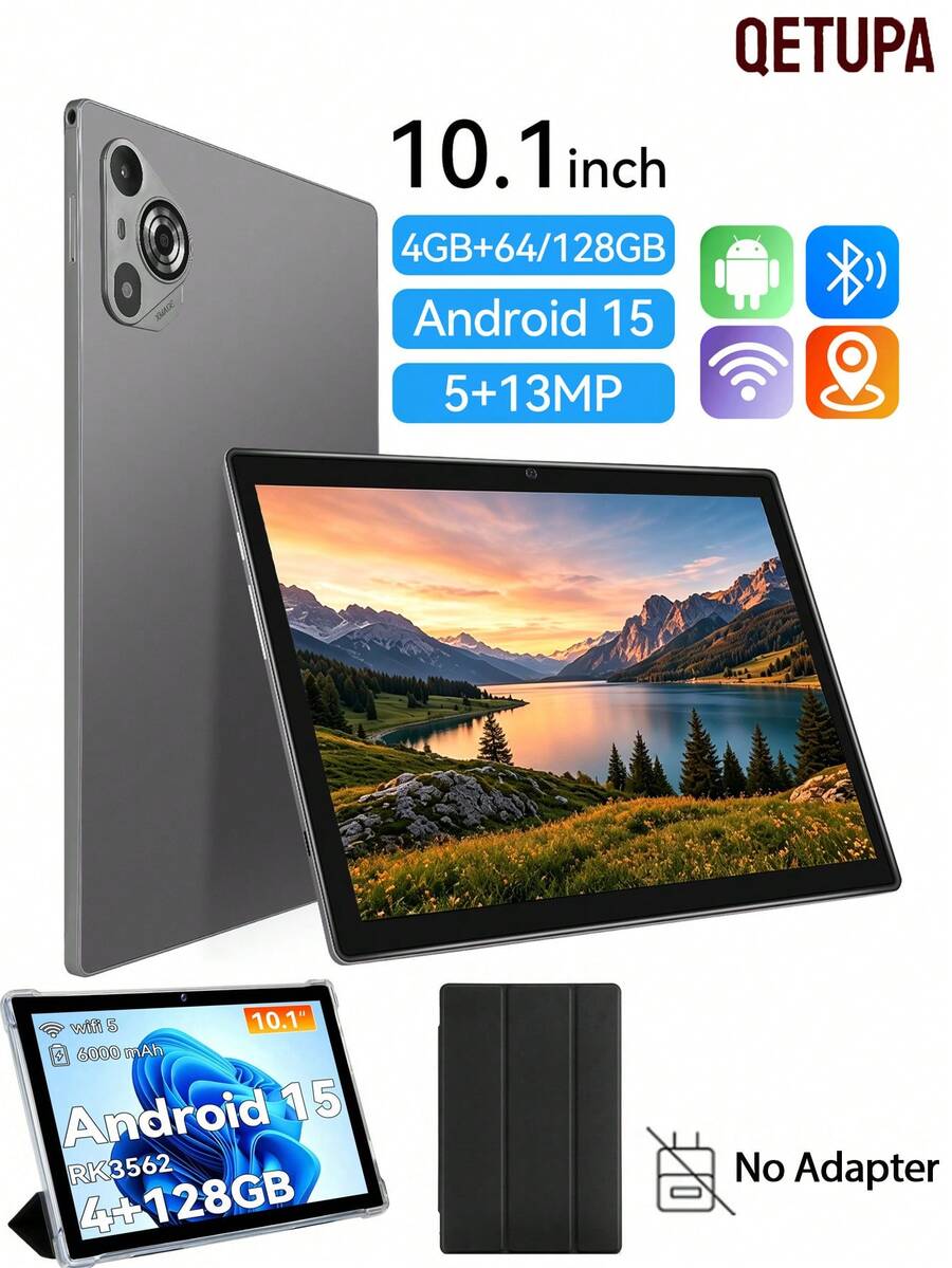 Qetupa X15 10.1 Inch Android 15 Tablet, 4GB RAM+64GB/128GB ROM, MTK 6771 Octa-Core 1.8GHZ Processor, HD(1280x800) IPS Touchscreen, BT 5.2&802.11ac WiFi5, GPS, 5MP Front Camera&8MP Rear Camera, 6000mAh Large Battery, No SIM Card Support(No Adapter)