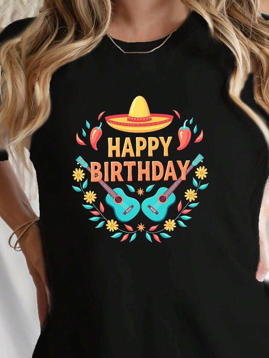 Camiseta Premium de Manga Corta con Cuello Redondo y Estampado de Sombrero de Ala Ancha de Feliz Cumpleaños, Ropa Casual de Primavera/Verano para Mujer, Ecológica - Negro - Ver 1