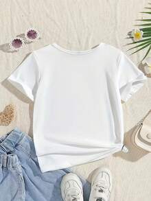 Camiseta de algodón personalizada, cuello redondo de manga corta para primavera/verano, estampado de dibujos animados, adecuada para el ocio diario, vacaciones, playa, niños - Blanco - Ver 4