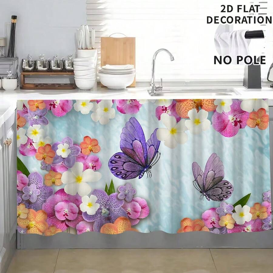 1pc, Home Decor, Butterfly Pattern Printed Table Skirt, Kitchen Small Curtain, Kitchen Cabinet Cover, With Curtain Holes, Easy To Hang, Rectangular, Machine Woven, Machine Washable, Kitchen Decoration And Accessories, Perfect For Kitchen Cabinets And Home Decor - Multicolor - View 1