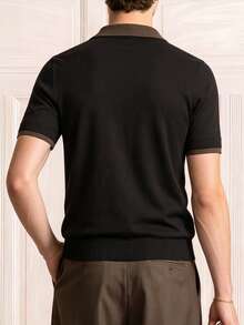 Men's Summer Black Contrast Collar Knit POLO Shirt, Luxury Wool Blend Fabric, Breathable, Old Money Style, Suitable For Gentleman Gatherings And Daily Casual Wear - Black - View 2