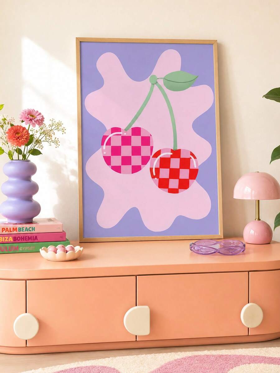 1pc Unique Danish Cherry Canvas Art Print - Frameless, Vibrant Pastel Tones Wall Decor, Suitable For Living Room, Bedroom, Kitchen And Home Office - Multicolor - View 1