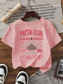 1件幼童女孩印花休閒圓領套頭短袖T恤「PASTA CLUB」復古義大利美食圖案印花T恤 | 「The Best Pasta In Town」印花T恤 - 粉色 - 查看 3