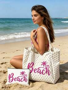 白色波點海灘托特包，飾有「Beach」字母與棕櫚樹印花，大容量帆布單肩包，可重複使用，適合購物與旅行，可折疊帆布單肩托特包，通勤包，平板電腦包，收納包，夏季必備旅行包 - 彩色 - 查看 15