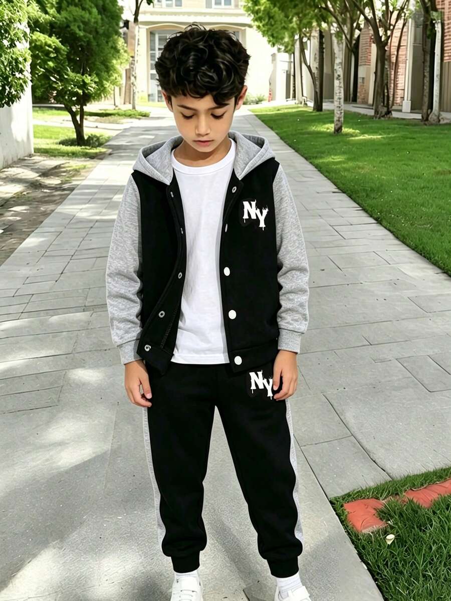 Boys' Letter Print Baseball Jacket And Pants Set - Black - View 1