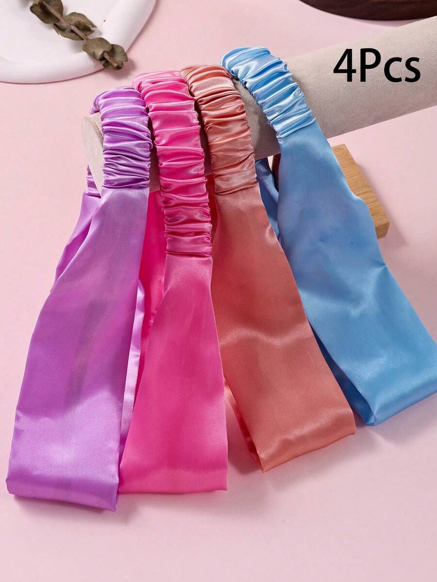 4条装女童彩色缎面发带，纯色丝绸弹力发箍，适合洗脸、瑜伽、跑步和日常使用 - 彩色 - 查看 1