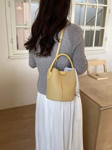 Women's Handbag Bucket Bag Fashion Versatile Elegant Solid Color Striped Yellow Bag With Scarf Suitable For Shopping And Commuting Includes Small Pouch - Yellow - View 7