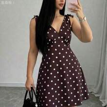 jianchaimaoyi02 Vionelle Vestido de lunares con lazo en los hombros, elegante y minimalista, talla grande para mujer - Marrón - Ver 1