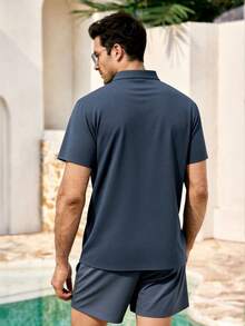 Mercer Haus Men's Solid Color Wide Placket Pineapple Print Short Sleeve Polo Shirt, Casual Business Formal Wear Holiday Summer Beach - Baby Blue - View 3