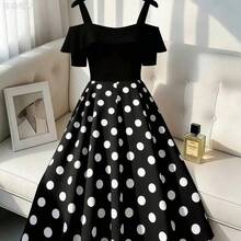 xuehuamaoyi02  CURVE Vestido elegante de talla grande para mujer con estampado de lunares y diseño de hombros descubiertos y parches - Blanco y Negro - Ver 3