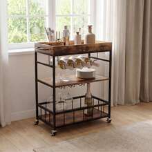 3 Tier Rolling Bar Cart With Wine Rack And Handle, Mobile Serving Trolley With Wheels, Kitchen Storage Cart For Dining Living Room Bedroom Outdoor Use - 棕色 - 查看 5