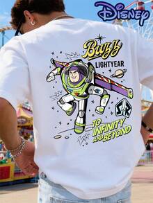 Officially Authorized Disney T-Shirt Featuring Buzz Lightyear From "Toy Story", A Comfortable Men's Short-Sleeved Cotton Shirt With A Relaxed, Comfortable Style, Suitable For Everyday Wear And Summer Clothing. - 白色 - 查看 2