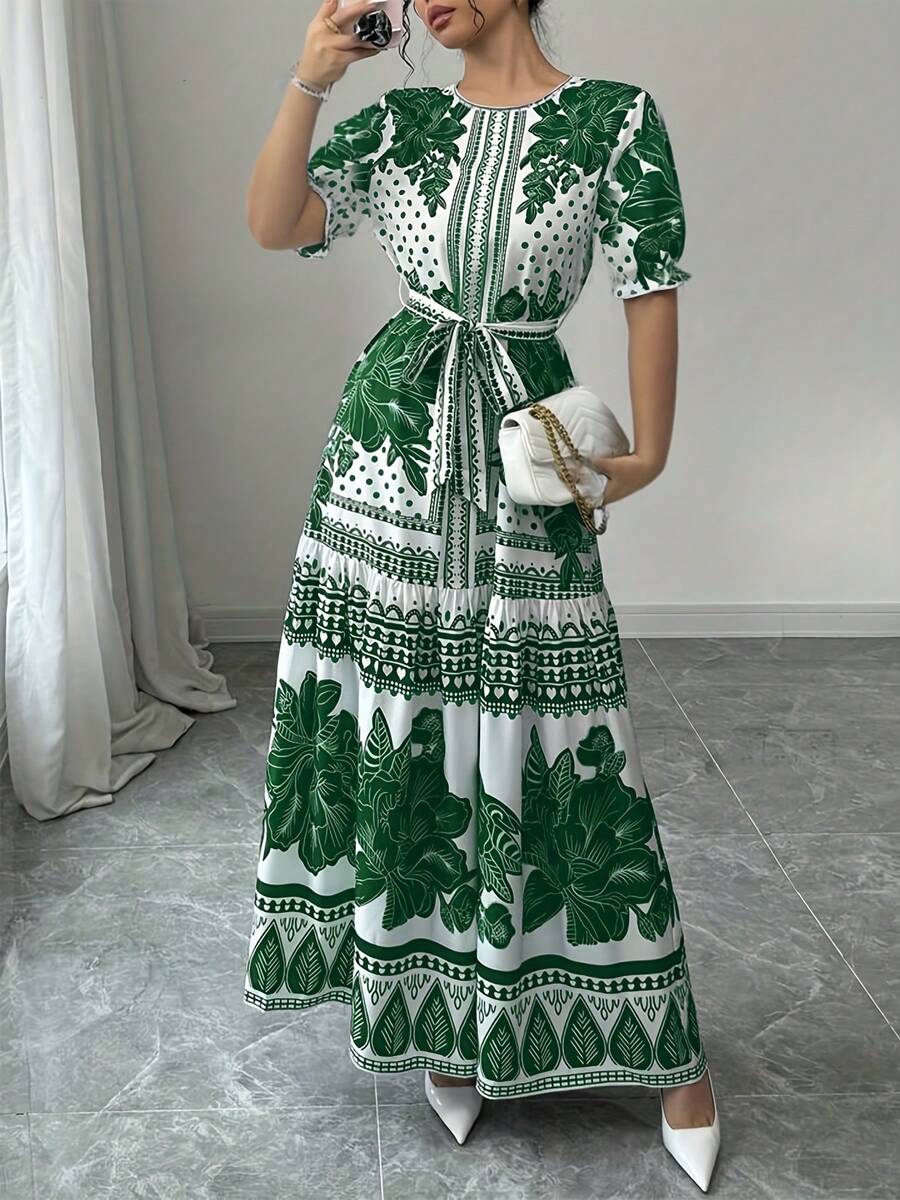 New 2026 Model: Floral A-Line Dress, Short Sleeve, Boat Neck, Elegant For Summer - Pale Yellow - View 1