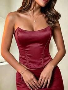 Yuwenier parte superior corset sin tirantes, satén mate, ballenas de acero, cordones espalda, sexy, romántico.Blanco.Ideal para cumpleaños, San Valentín o boda en verano. - Burdeos - Ver 1