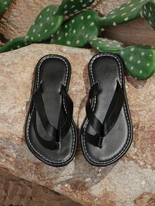 1 Pair Kids Flip Flops, Solid Color Soft PU Woven Strap, Round Toe Toe-Post Flat Bottom Non-Slip Slip-On Design, Fashion Minimalist Vacation Style Beach Sandals, Suitable For Boys And Girls Daily Casual Beach Holiday Party, New Mixed Style - Black - View 5
