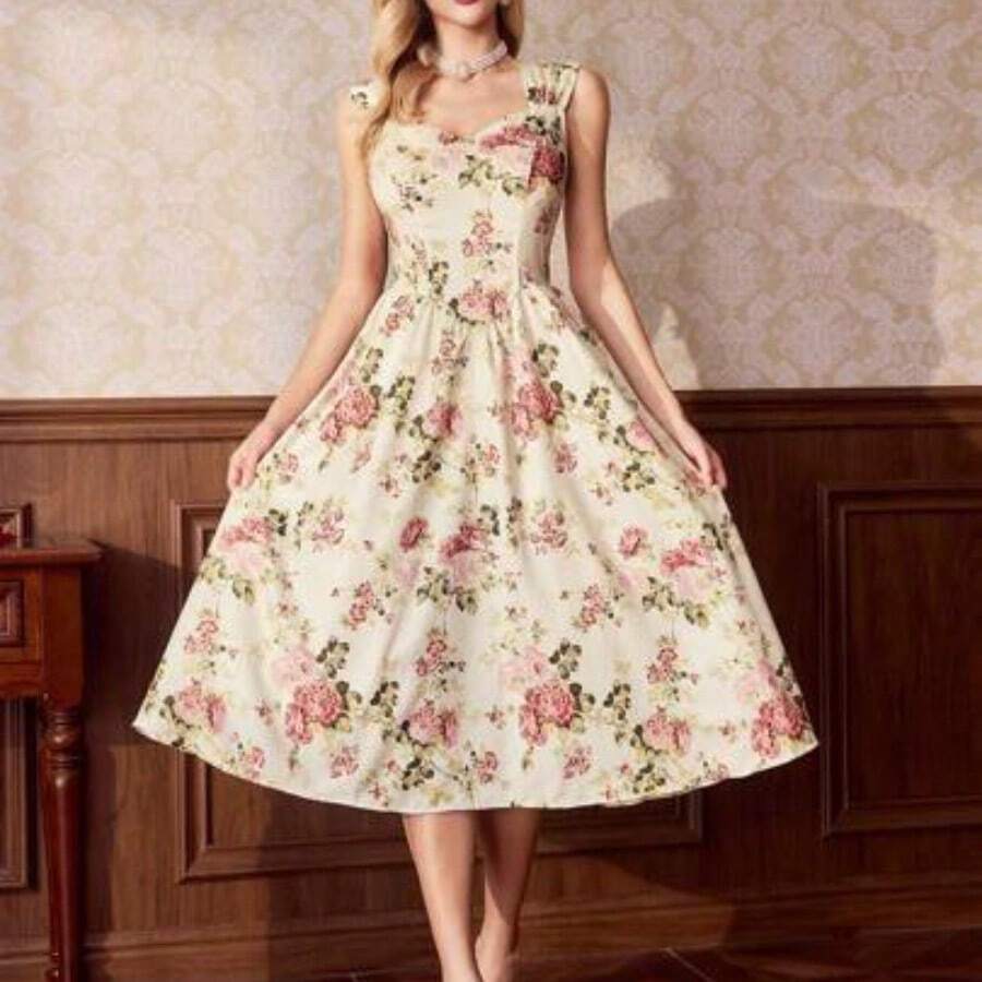 Vestido elegante vintage de mujer con bolsillos, vestido con estampado floral, cuello en forma de corazón, vestido casual de vacaciones - Albaricoque - Ver 1