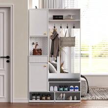 Wardrobe Set, Complete Hallway Wardrobe Set With Bench, 4 Hooks, Doors & Drawers, Compact Dimensions 100*180*35 Cm (W*H*D) - White - View 3