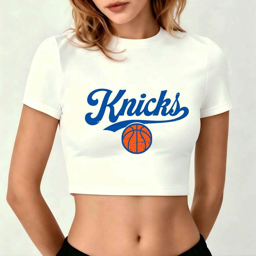 New York Knicks Vintage Style Basketball Women Cropped T-Shirt - White - View 1