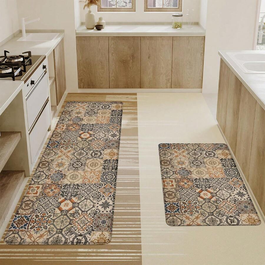 1pc Bohemian Style Linen Rubber Material Kitchen Rug, Bathroom Mat, Door Mat And 2D Printed Rectangular Rug, Suitable For Living Room, Bedroom, Hallway, Bathroom And Laundry Room, Ideal For Indoor And Outdoor Home Decor - Multicolor - View 1