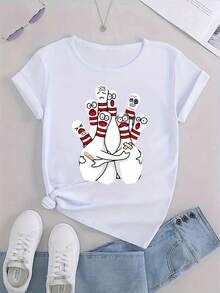 Funny Bowling Graphic Print T-Shirt, Short Sleeve Round Neck Casual Sports Top, Women's Sports T-Shirt - Black - View 2