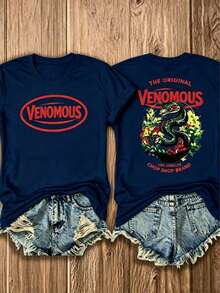 Double Sided Graphic Women's T-Shirt, Red Venomous Snake Floral Print, Classic Americana 100% Cotton Unisex Tee, Casual Everyday Summer Top - 藏青色 - 查看 17