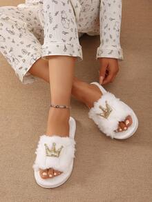 Pantuflas de casa estilo princesa con diseño de corona, abiertas de punta, de felpa, cálidas y cómodas, sandalias tipo slide de piel sintética para mujer - Dorado - Ver 10
