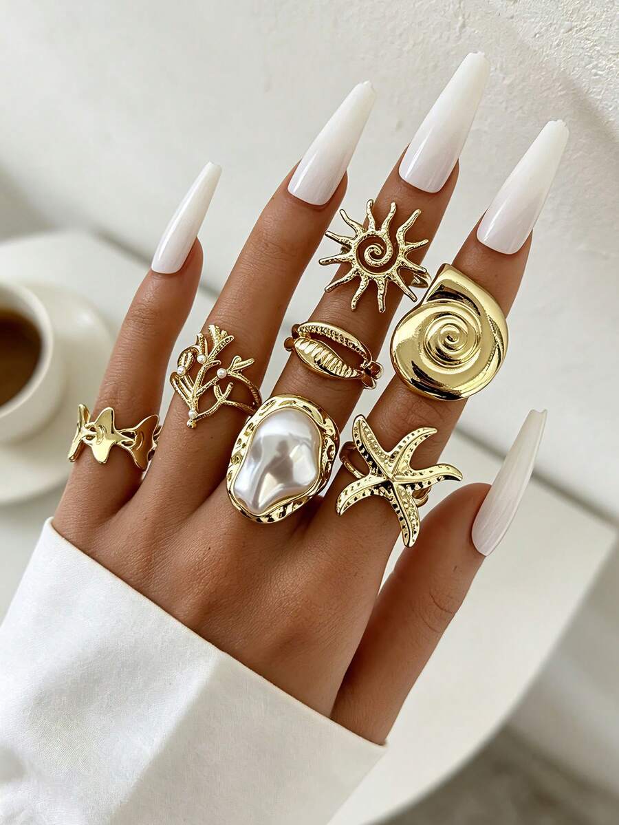 7PCS Summer Vacation Style Rings, Gold Starfish Shell Sun Shaped Rings, Fashionable Versatile Faux Pearl Layered Ring Set For Women - Gold - View 1