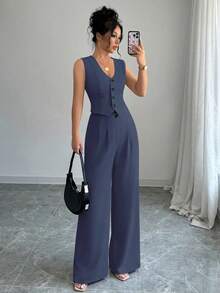 Conjunto de chaleco sin mangas y pantalones - Niebla azul - Ver 1