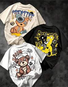 3 piezas, Conjunto camiseta de cuello redondo con estampado for streetwear, Top oversized cuello redondo daily , camping, , hip-hop conjunto de  piezas, manga corta de verano para hombre - Negro - Ver 1