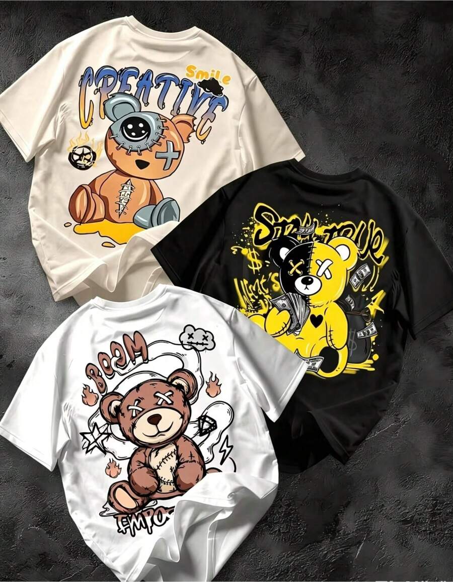 3 piezas, Conjunto camiseta de cuello redondo con estampado for streetwear, Top oversized cuello redondo daily , camping, , hip-hop conjunto de  piezas, manga corta de verano para hombre - Negro - Ver 1