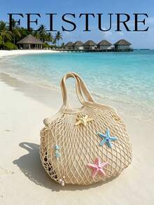 Summer Starfish & Shell Decor Mesh Small Style Handbag Casual Beige Beach Mesh Bag Shopping Vacation Bag - White - View 3